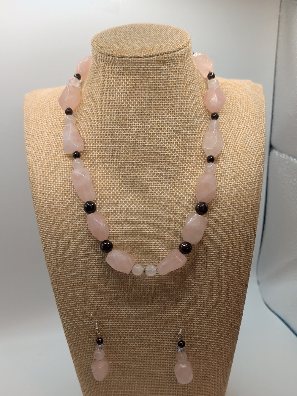 Rose Quartz and Garnet Bead Necklace & Earring Set